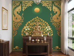 วอลเปเปอร์ติดผนังลายไทย ภาพต้นโพธิ์ ภาพพญานาค