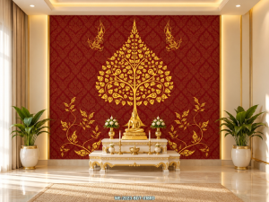 วอลเปเปอร์ภาพพิมพ์ “ต้นโพธิ์ทอง–พื้นแดง” [WL-2023-BDT-001RD] เติมความสง่างามให้พื้นที่ด้วยศิลปะไทย
