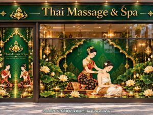 สติ๊กเกอร์ติดกระจกประตูร้านนวด สปาไทย ลายไทยสีเขียวมรกต–ทอง [ST-PH92026-SPA008]